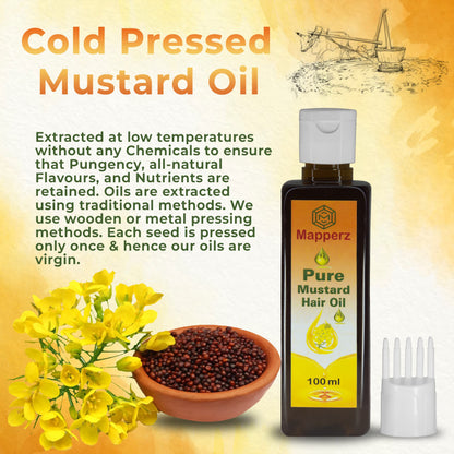 MAPPERZ Hair Oil Pure Cold Pressed Unrefined Yellow Mustard Hair Oil For Hair Growth Sarso Ka Tel Goodness of Omega 3, 6 With Reusable Bottle 1 Flip Top Cap 1 Root Comb Applicator (100 ml)