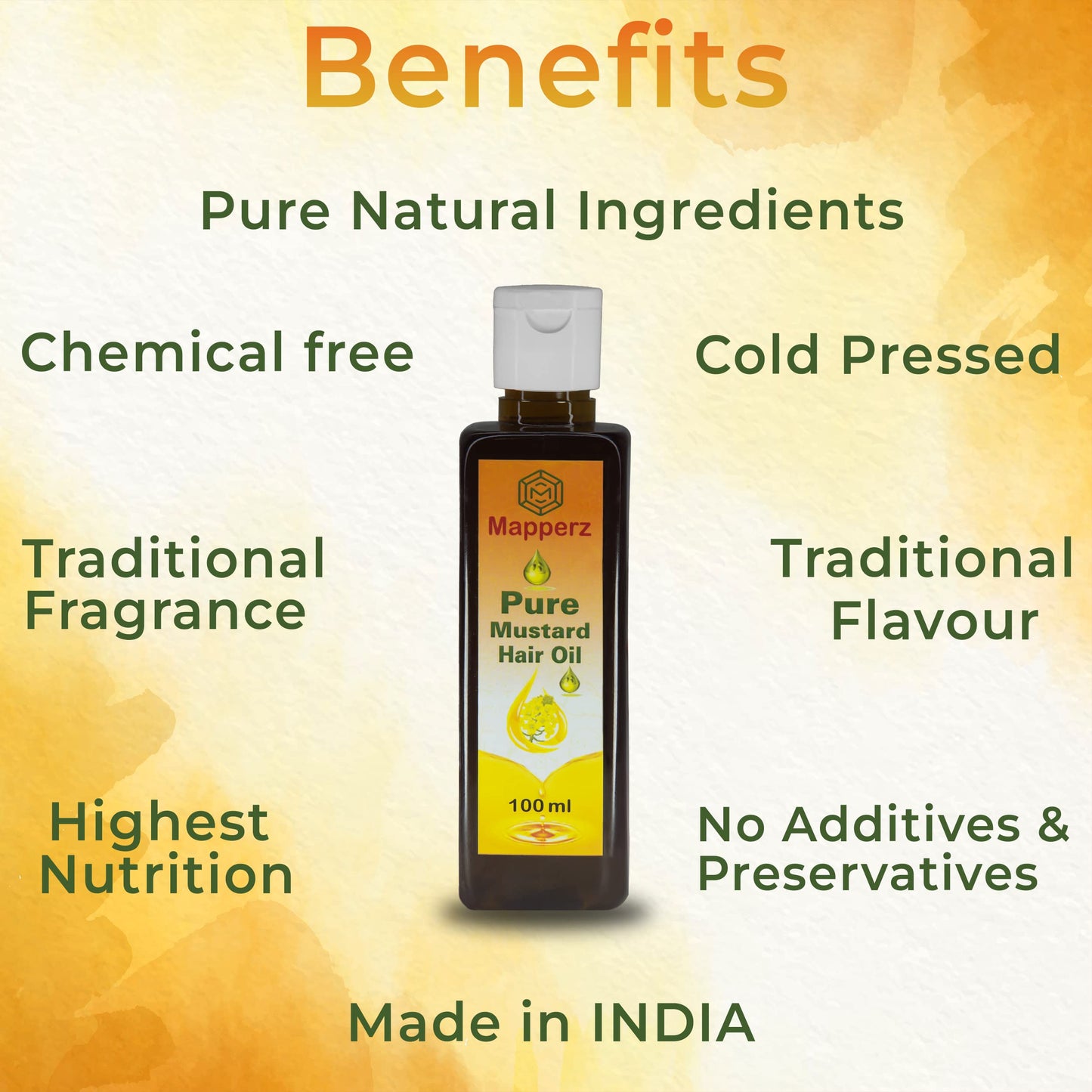 MAPPERZ Hair Oil Pure Cold Pressed Unrefined Yellow Mustard Hair Oil For Hair Growth Sarso Ka Tel Goodness of Omega 3, 6 With Reusable Bottle 1 Flip Top Cap 1 Root Comb Applicator (100 ml)