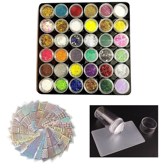 MAPPERZ 36 Jars Fine Glitter Color Nail Art and Craft Glitter Set, 24 (144 Design) Sheets Nail Art Stickers, 1 Nail Art Clear Silicone Stamper, Stamping Jelly with 1 Scraper for DIY Nail Decoration