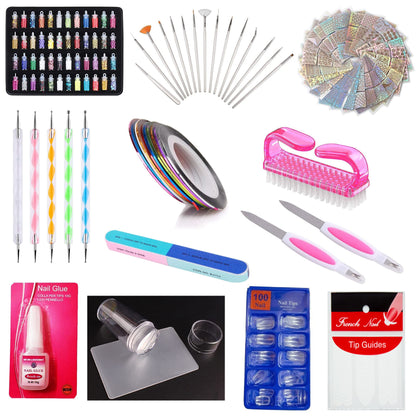 MAPPERZ 48 Nail Glitter, 100 Nails, 2 Nail Filer, 1 Big Size Glue, 10 Tape, 15 Brush, 1 Nail Cleaning Brush, 1 Stamp Wth Scraper, 24 Sheets Sticker, 5 Dotting Pen, 10 Sheets Of Tip Guide, 1 Buffer